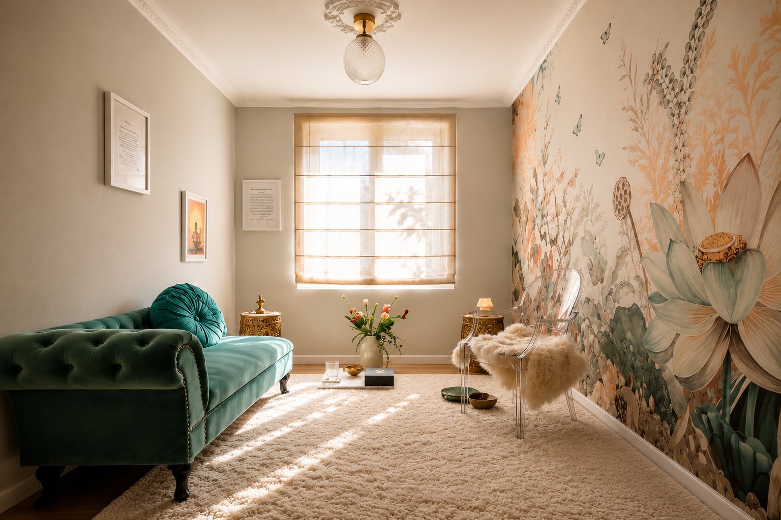 Praxisraum von Aramak Erk in Hamburg – einladender, heller Therapieraum mit grünem Sofa, Blumentapete und warmem Tageslicht